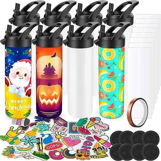 8 Pack 20oz Sublimation Tumbler Set Triple-Insulated Stainless Steel Sports Water Bottle with Straw Lid Blank Sublimation Cup with DIY Stickers, Shri