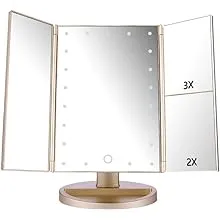 deweisn Mount Tri-Fold Lighted Vanity Mirror with 21 LED Lights, Touch Screen and 3X/2X/1X Magnification