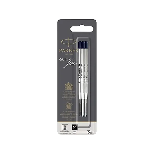 Quinkflow Refill for Parker Ballpoint Pen, Medium Tip, Black Ink, 3/Pack