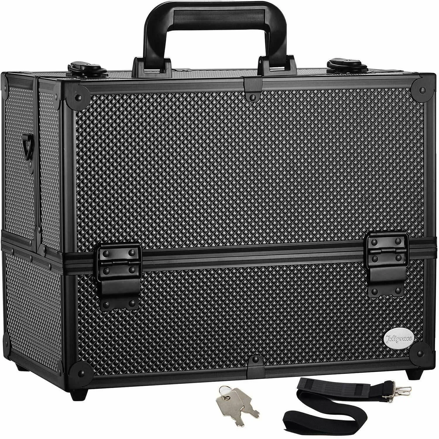 Joligrace Makeup Train Case Professional Adjustable - 6 Trays Cosmetic Cases Makeup Storage Organizer Box with Lock and Compartments 14 inch Large Black
