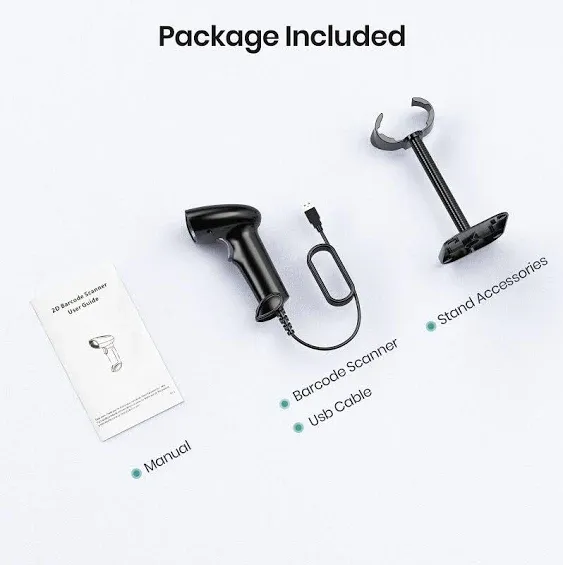 Barcode Scanner with Stand, USB Wired Inventory 2D 1D QR Code Scanner for Computer POS MAC with Automatic Screen Scanning, Handheld CMOS Image Bar Code Reader for Warehouse Library Supermarket