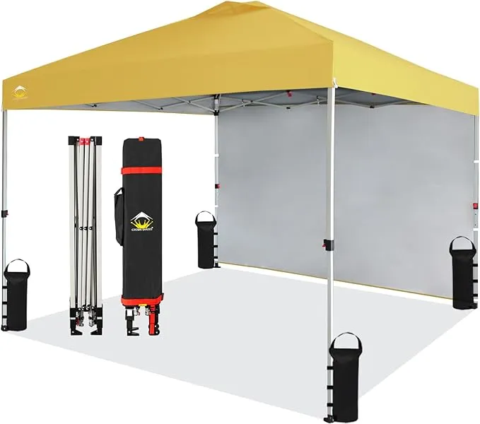 CROWN SHADES 10x10 Pop up Canopy Tent Instant Commercial with 150D Silver Coated Fabric Including 1 Removable Sidewall, 4 Ropes, 8 Stakes, Weight Bags, STO 'N Go Bag, Siver-Coated White