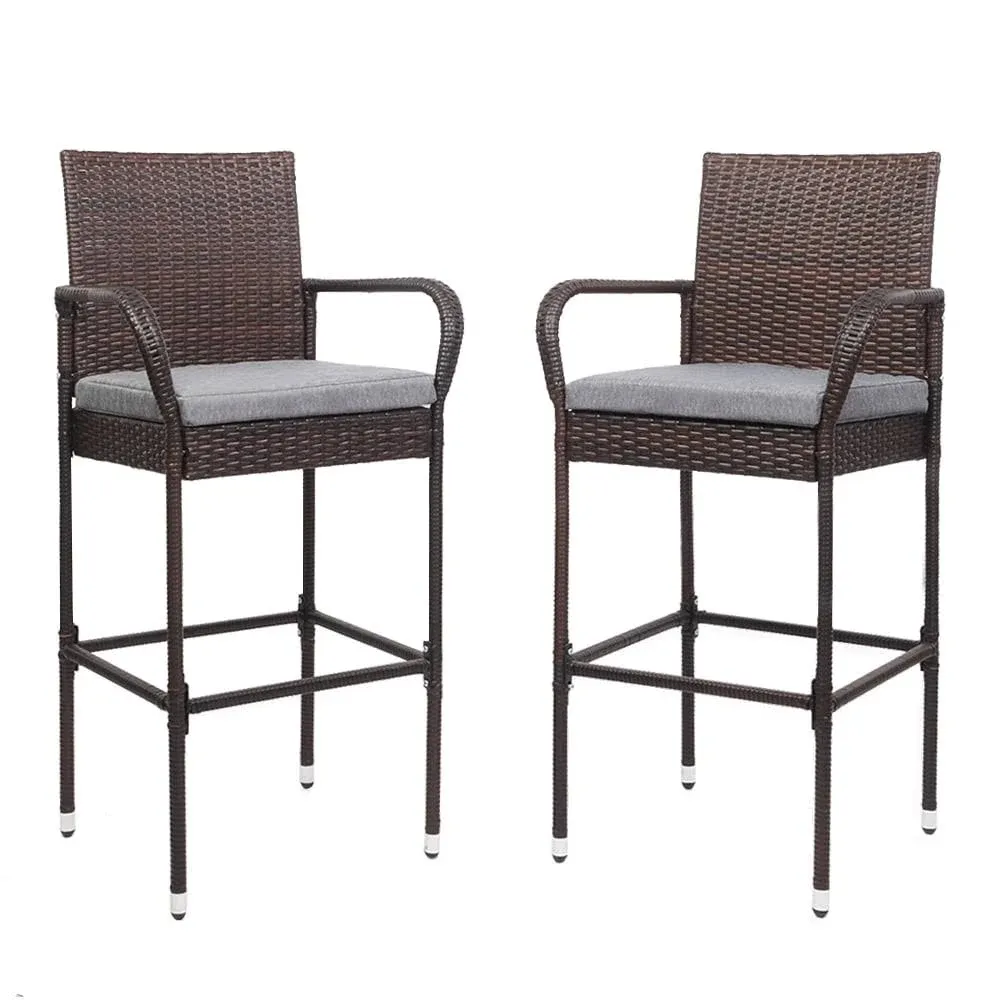 VINGLI 29.5 in. Seat Height Wicker Outdoor Bar Stool with Gray Cushion (2-Pack)