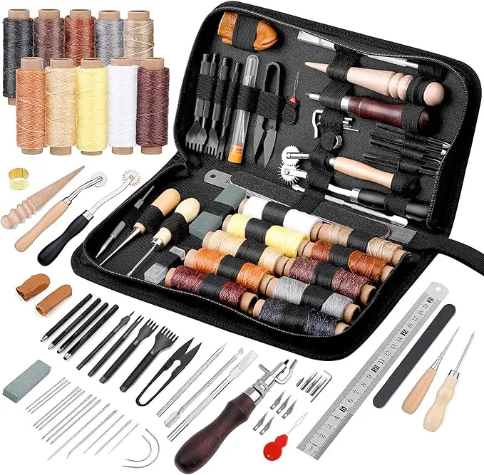 Leather Working Tools Leather Craft Kit and Supplies Upholstery Repair Kit with Waxed Thread Stitching Groover Awl for Punch Stitching, Leather