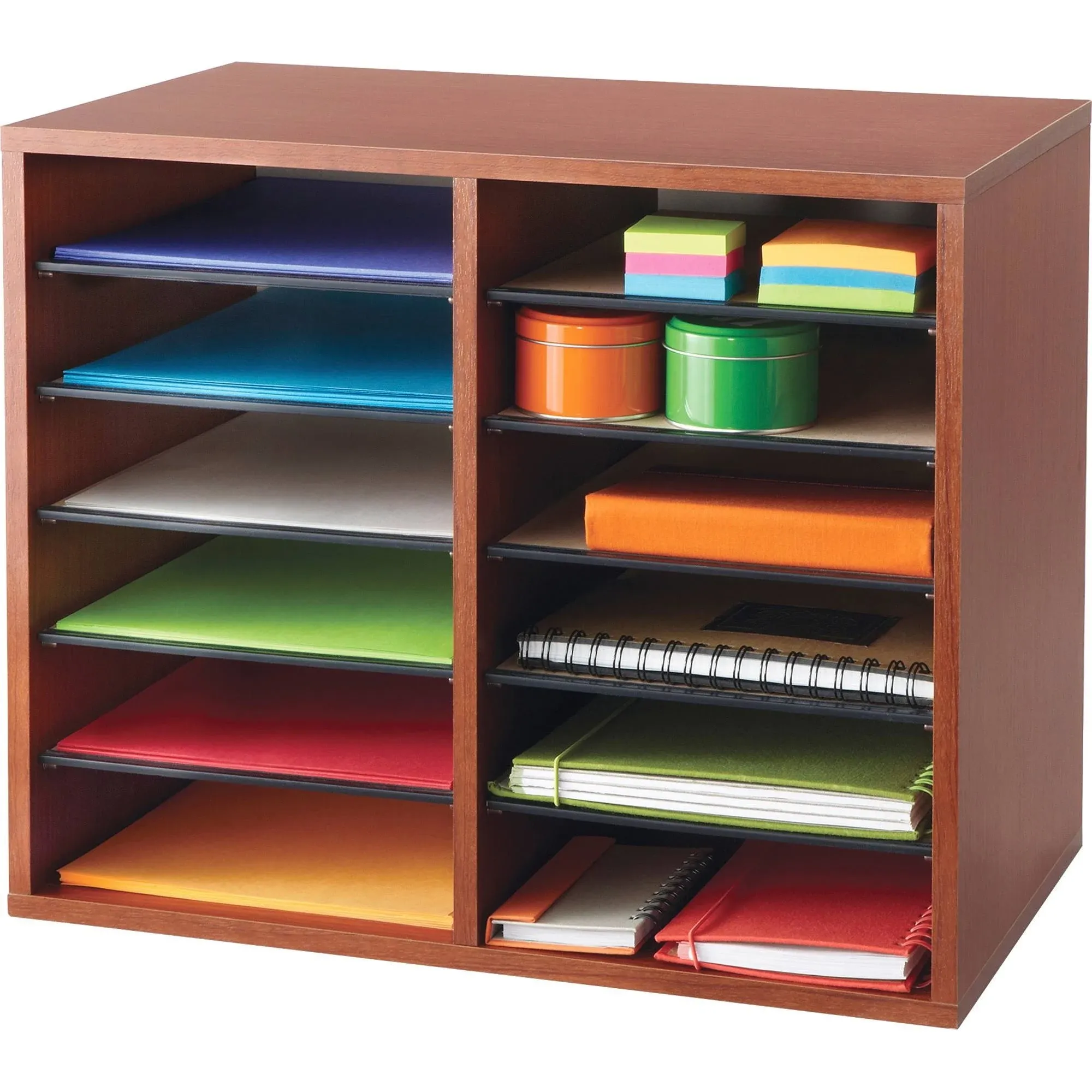 Safco Products 9420MO Adjustable Literature & Paper Organizer, 12 Compartment Mailbox Cubby, Great for Home, Office, Classroom Organization, Medium Oak Wood, Durable Construction, Removable Shelves
