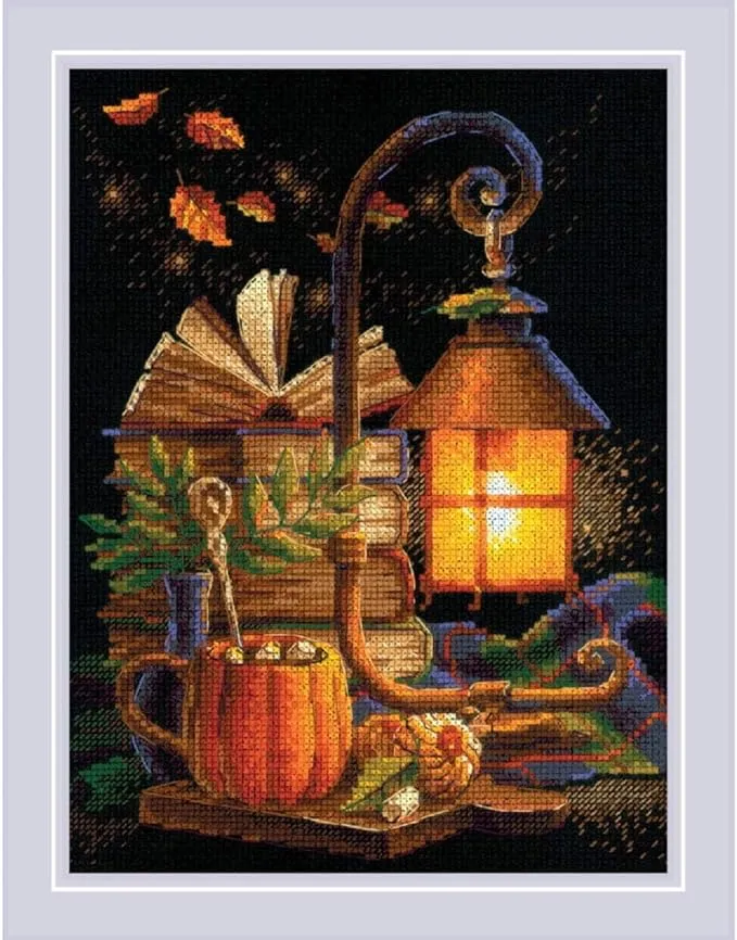 RIOLIS - Cozy Autumn 2146, Halloween Cross Stitch Kits 7" x9½, Counted Cross Stitch Kits, Counted Cross Stitch Kits for Beginners & Advanced, Cross Stitching Kits for Adults, Halloween Embroidery Kit