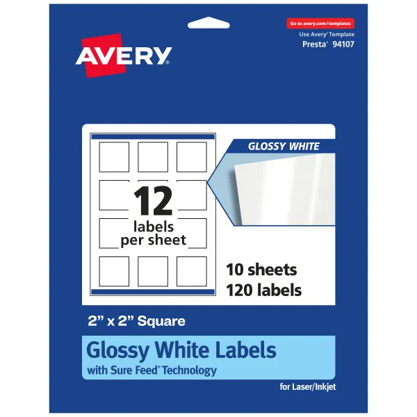 Avery Square Labels with Sure Feed, 2" x 2", 60 Glossy White Labels (36475)