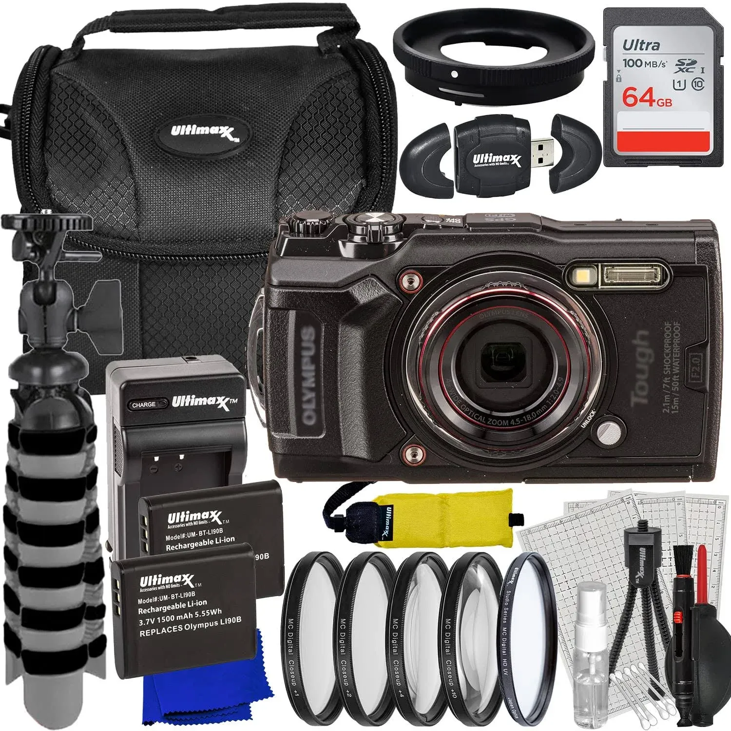 Ultimaxx Advanced Olympus Tough TG-6 Digital Camera Bundle (Black) - Includes: 64GB Ultra Memory Card 2x Replacement Batteries Protective UV Filter & Much More (27pc Bundle)
