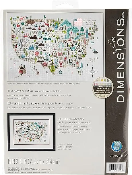 Darice Dimensions 'Illustrated USA' Patriotic 50 States Counted Cross Stitch Kit, 14 Count White Aida Cloth, 14" x 10", Red