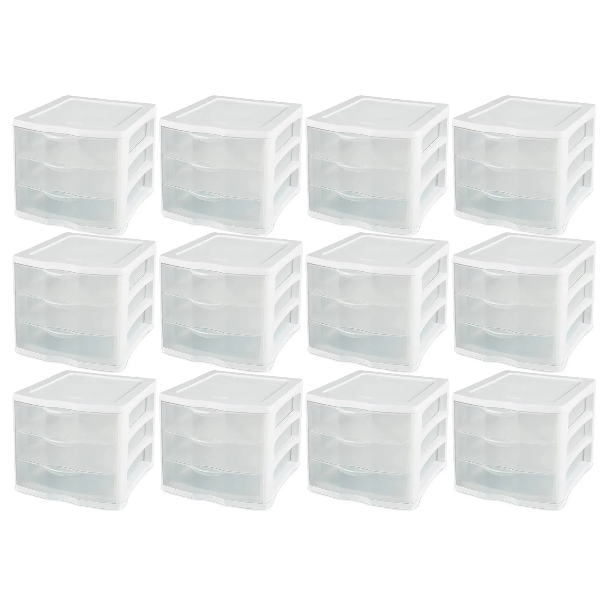 Sterilite Clear Plastic Stackable Small 3 Drawer Storage System, White(12 Pack)