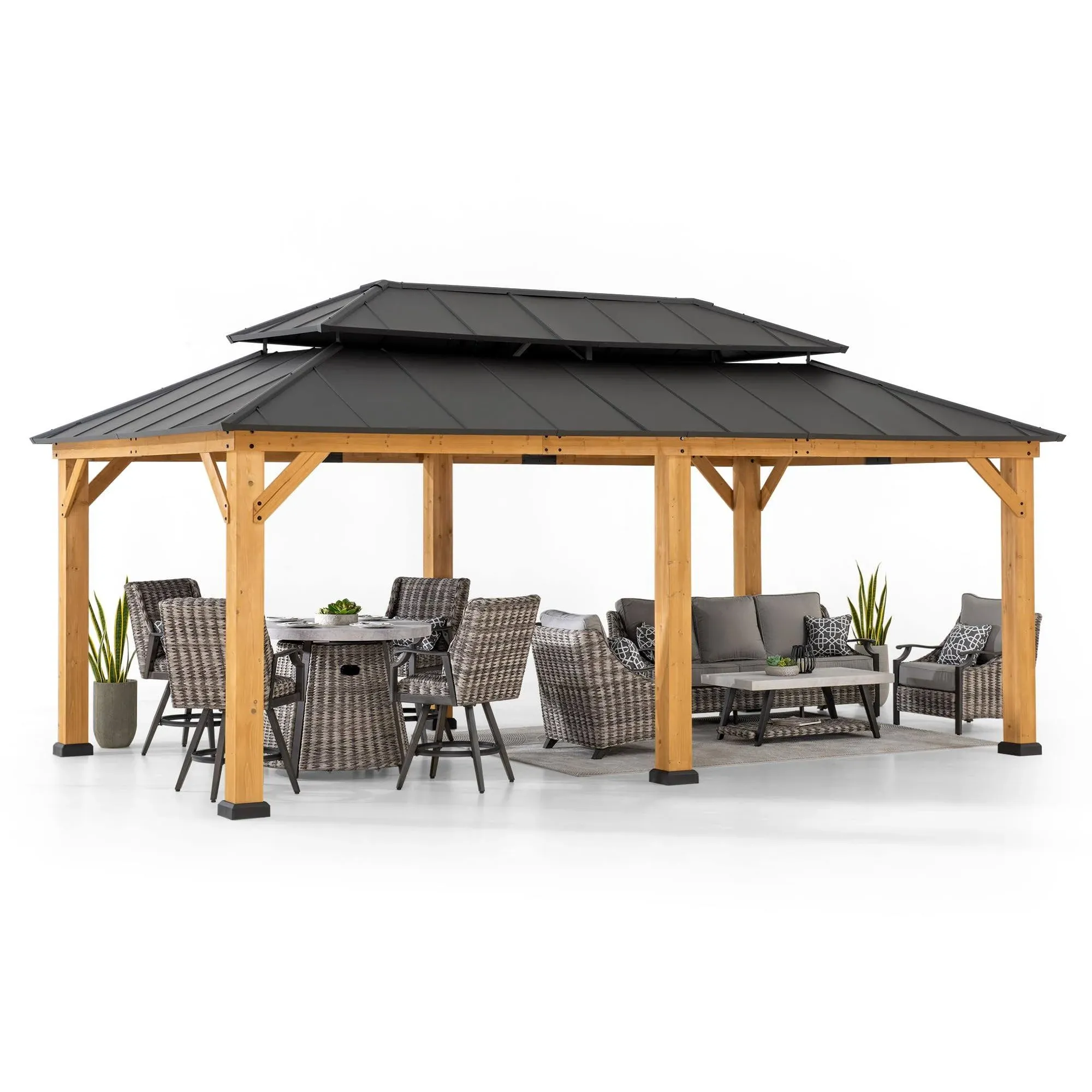 Sunjoy 12 x 20 ft. Wood Gazebo, Outdoor Patio Steel Hardtop Gazebo, Cedar Framed Wooden Gazebo with 2-Tier Metal Roof, Suitable for Patios, Lawn and Backyard, Matte Black Roof + Gray Wood Frame