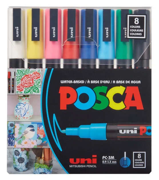 Uni POSCA PC-3M Water-Based Paint Markers, Reversible Fine Tip (0.9-1.3mm), Assorted Colors, 8 Pack