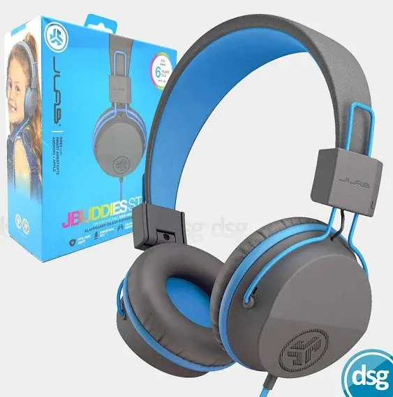 JLab JBuddies Studio On-Ear Kids Wired Headphones, Toddler Headphones, Kid Safe, Studio Volume Safe, Volume Limiter, Folding, Adjustable, Noise Isolation, with Mic (Graphite/Blue)JLab JBuddies Studio On-Ear Kids Wired Headphones, Tod…