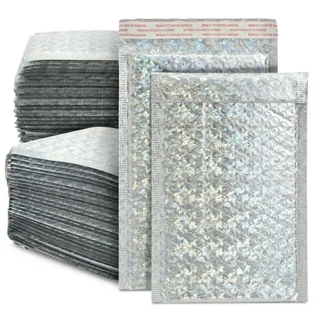 Stockroom Plus 50 Pack Self-Adhesive Holographic Poly Bubble Mailers, Silver 6x10 Padded Envelopes (6 x 10 In)