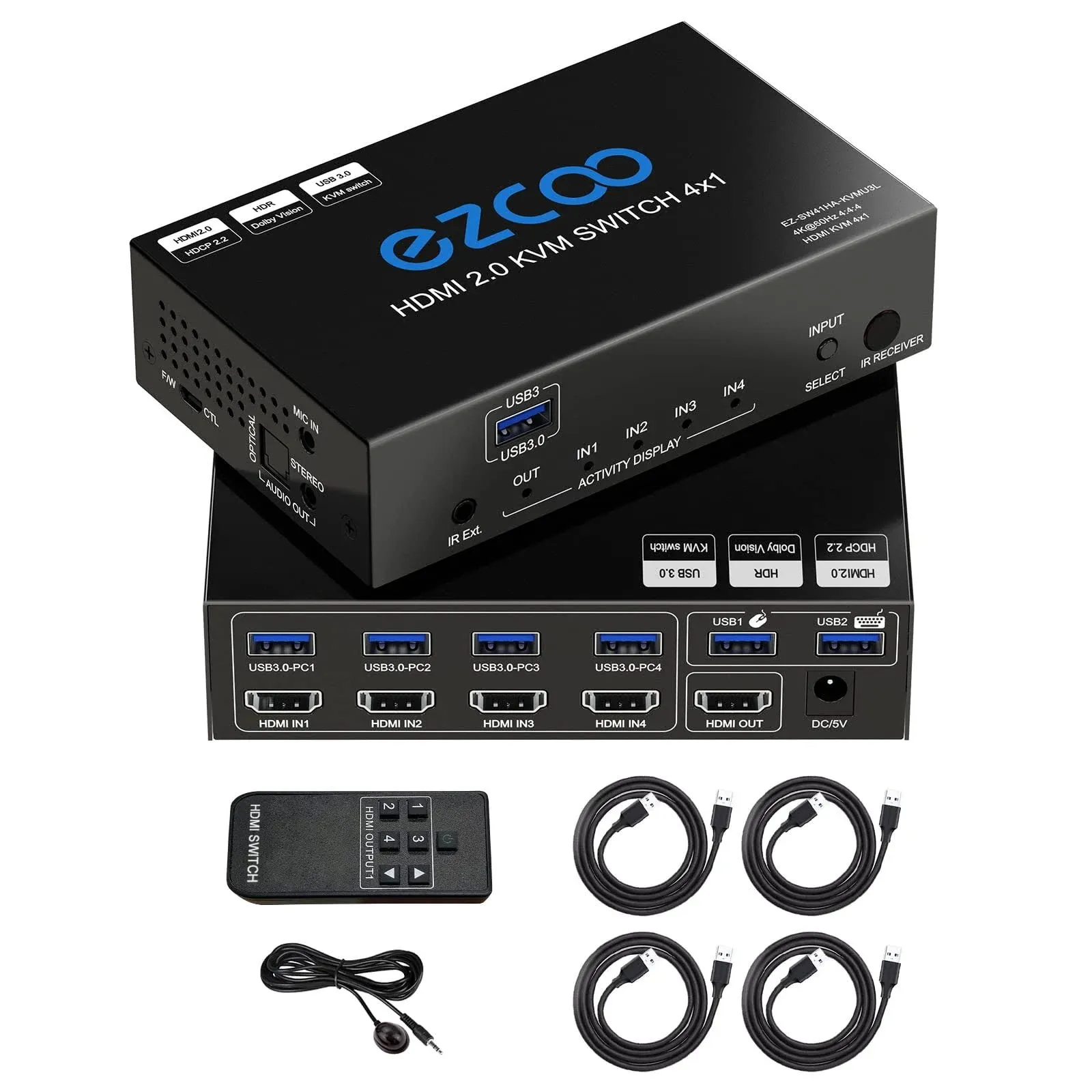 USB 3.0 KVM Switch HDMI 4 Computer 1 Monitor 4K 60Hz SPDIF L/R Extractor- USB Switch for Keyboard Mouse Printer Mac Windows 4 Port HDMI Switch 4x1 1080p 120Hz 144Hz HDCP Pass, IR Remote Ext. Mic