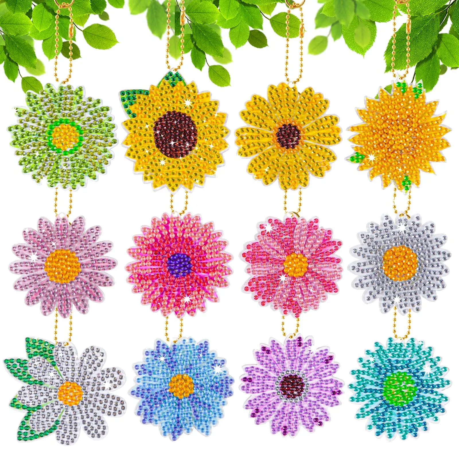 Fsnjcz 12 Pcs Spring Summer Flowers Diamond Painting Keychains Daisy Sunflower ...