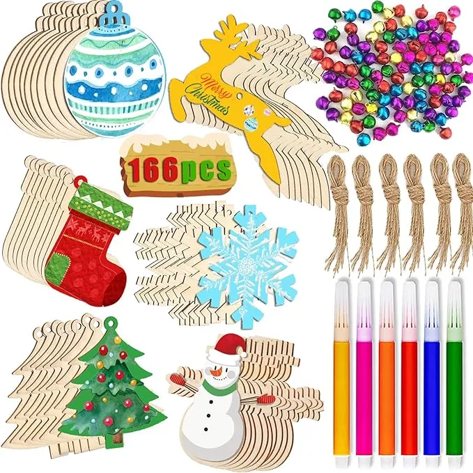 Htooq 166pcs Christmas Wooden Ornaments Set, Unfinished Wood Craft Ornaments for Kids, Christmas Wood Ornaments Bulk with Bells, Wax Rope and Colorful