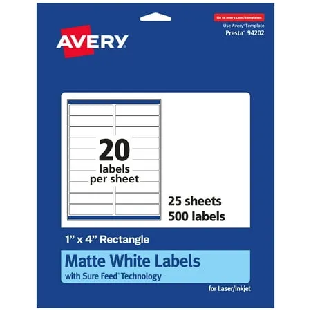Avery Matte White Rectangle Labels with Sure Feed, 1 inch x 4 inch, 500 Matte ...
