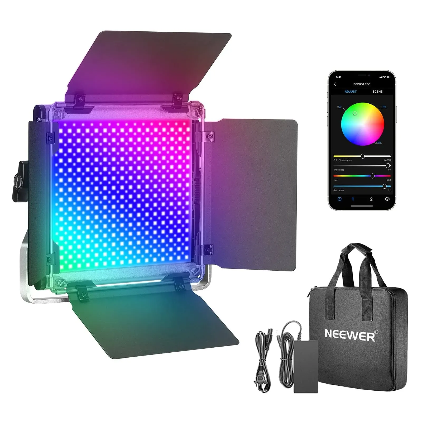 Neewer 2 Packs 660 PRO RGB LED Video Light with App Control Stand Kit, 360° Full Color, 50W Dimmable Bi-Color 3200K~5600K Video Lighting CRI 97+ for Gaming/Streaming/Zoom/YouTube/Webex/Photography