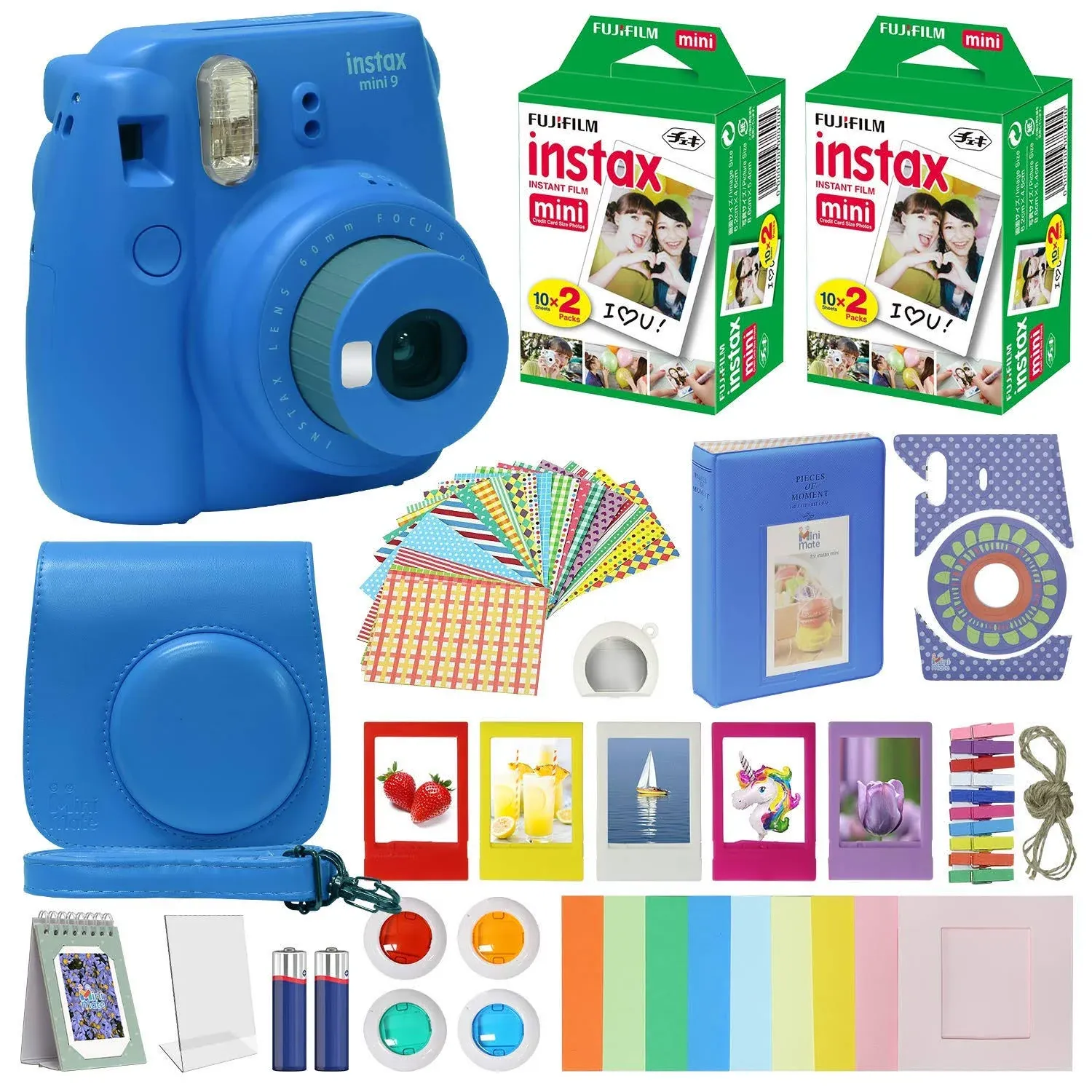 FUJIFILM Instax Mini 9 Instant Camera Cobalt Blue with Carrying Case + Fuji Instax Film Value Pack (40 Sheets) Accessories Bundle, Color Filters, Pho