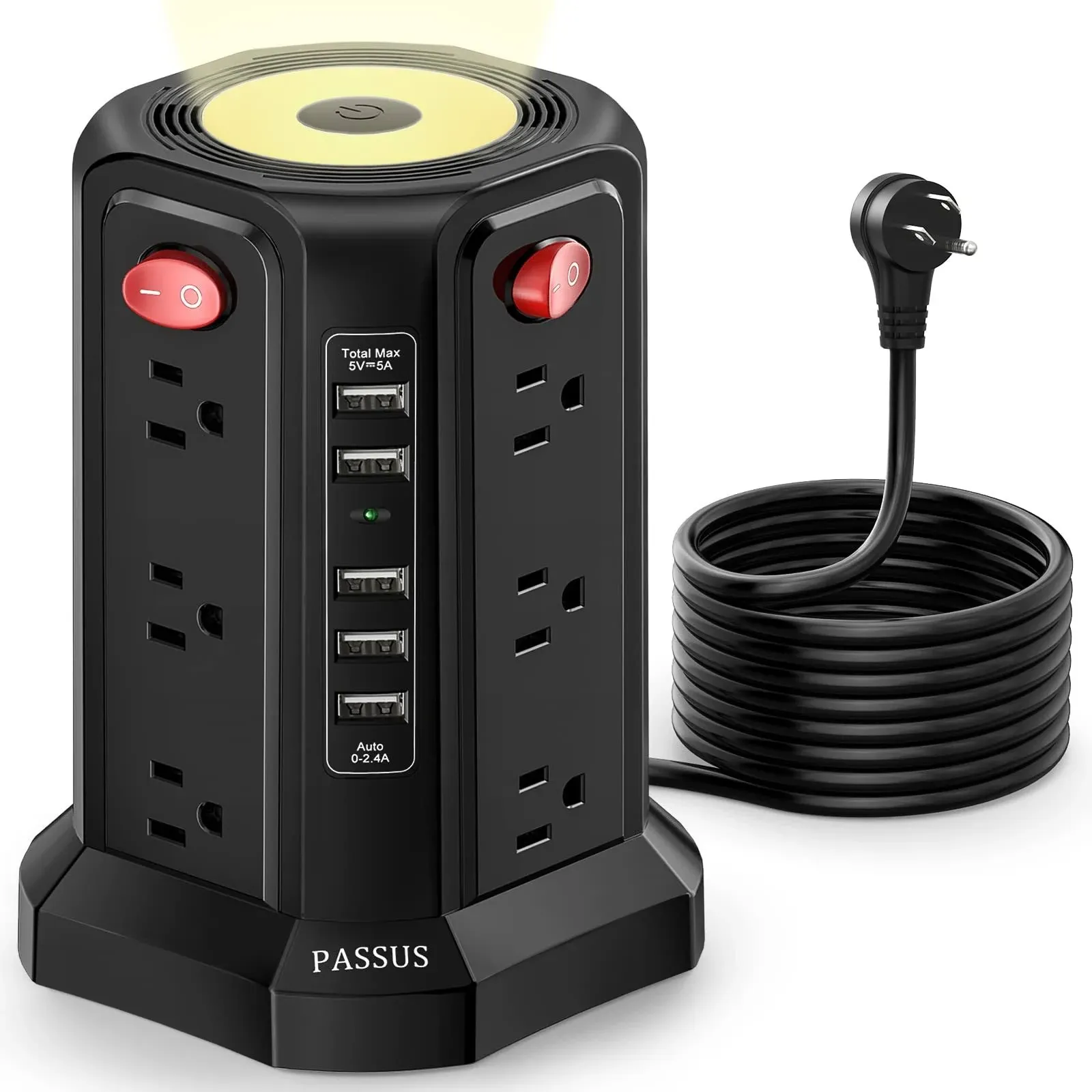 Surge Protector Power Strip Tower with 5 USB Ports and Night Light, 10FT Exte...