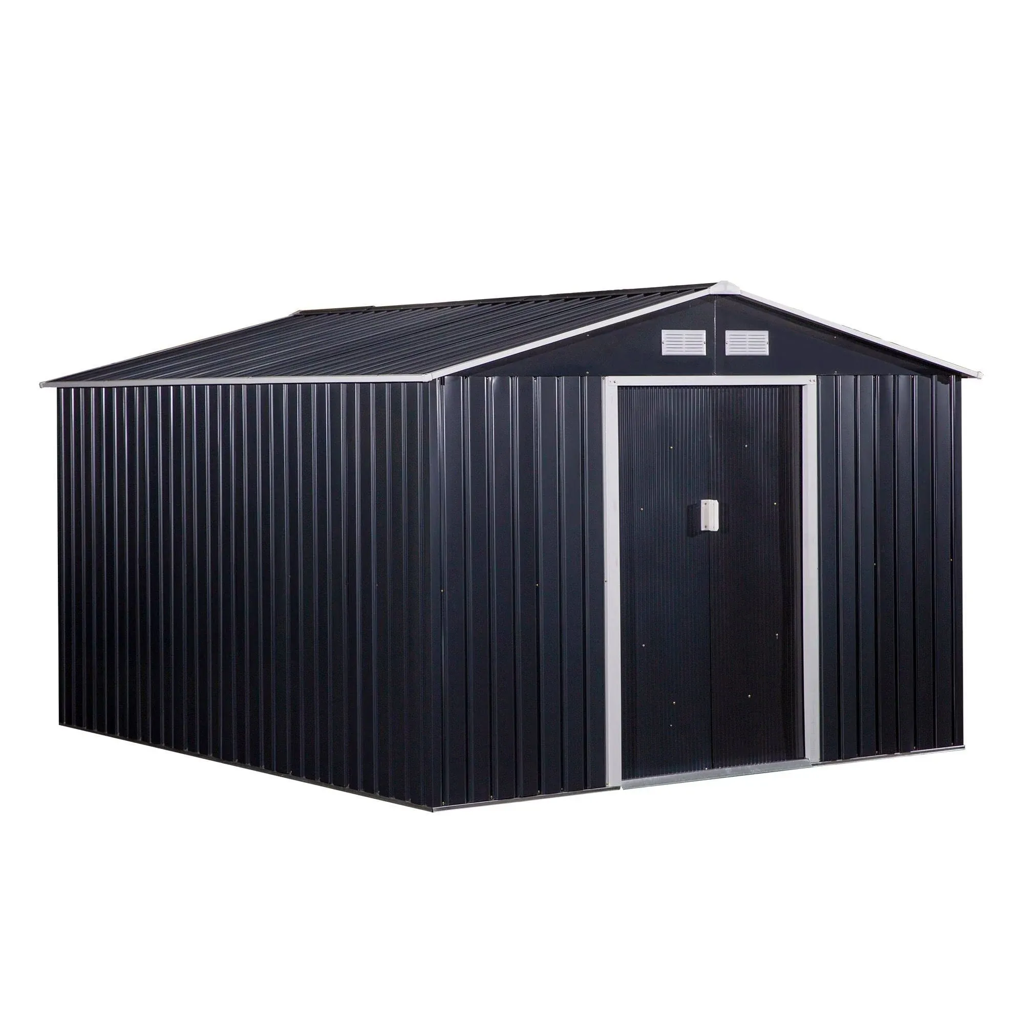 Outsunny 11' x 9' Outdoor Storage Shed Organizer, Garden Tool House with Floor Foundation, 4 Vents and 2 Easy Sliding Doors for Backyard, Patio, Garage, Lawn, Gray