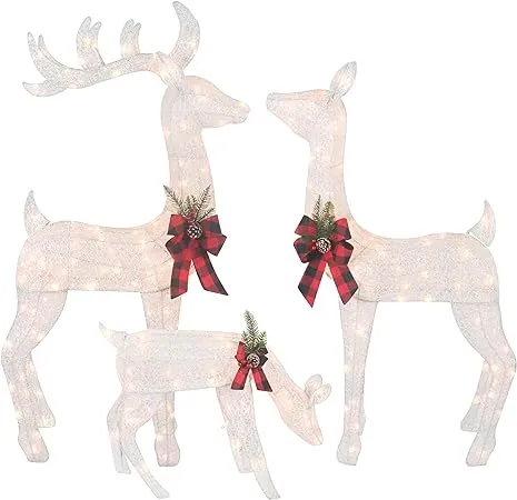 3-Piece White Fabric Reindeer Family - Lighted Deer Set - 210 Lights 52" Buck 44" Doe 28" Fawn - Large Deer Family for Indoor or Outdoor Christmas Decorations Yard Art