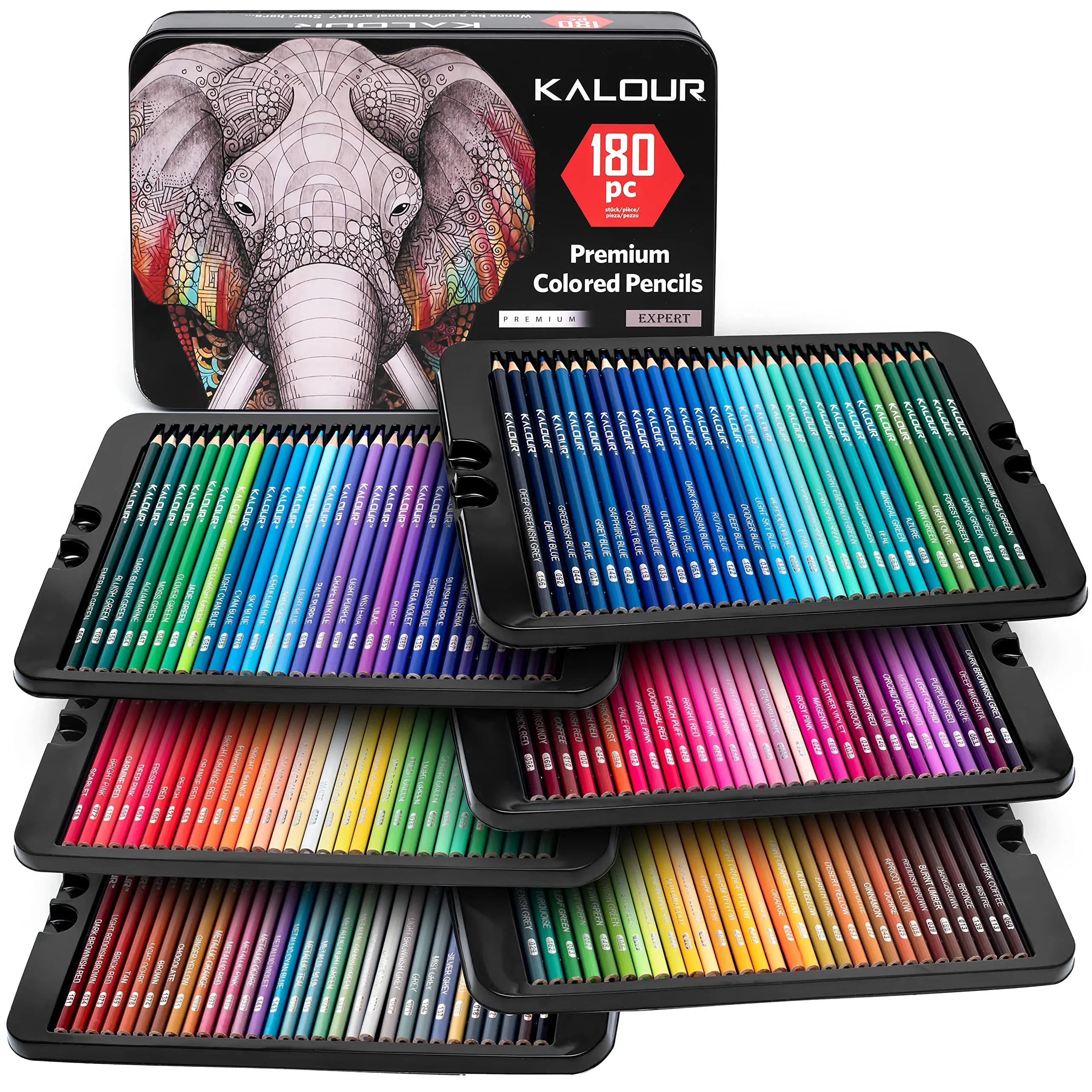 KALOUR 180 Colored Pencil Set for Adults Artists kids- 3.3mm Rich Pigment Soft Core -12 Metallic Pencil - Wax-Based - Ideal for Coloring Drawing Sketching Shading Blending - Vibrant Color(Tin Case)