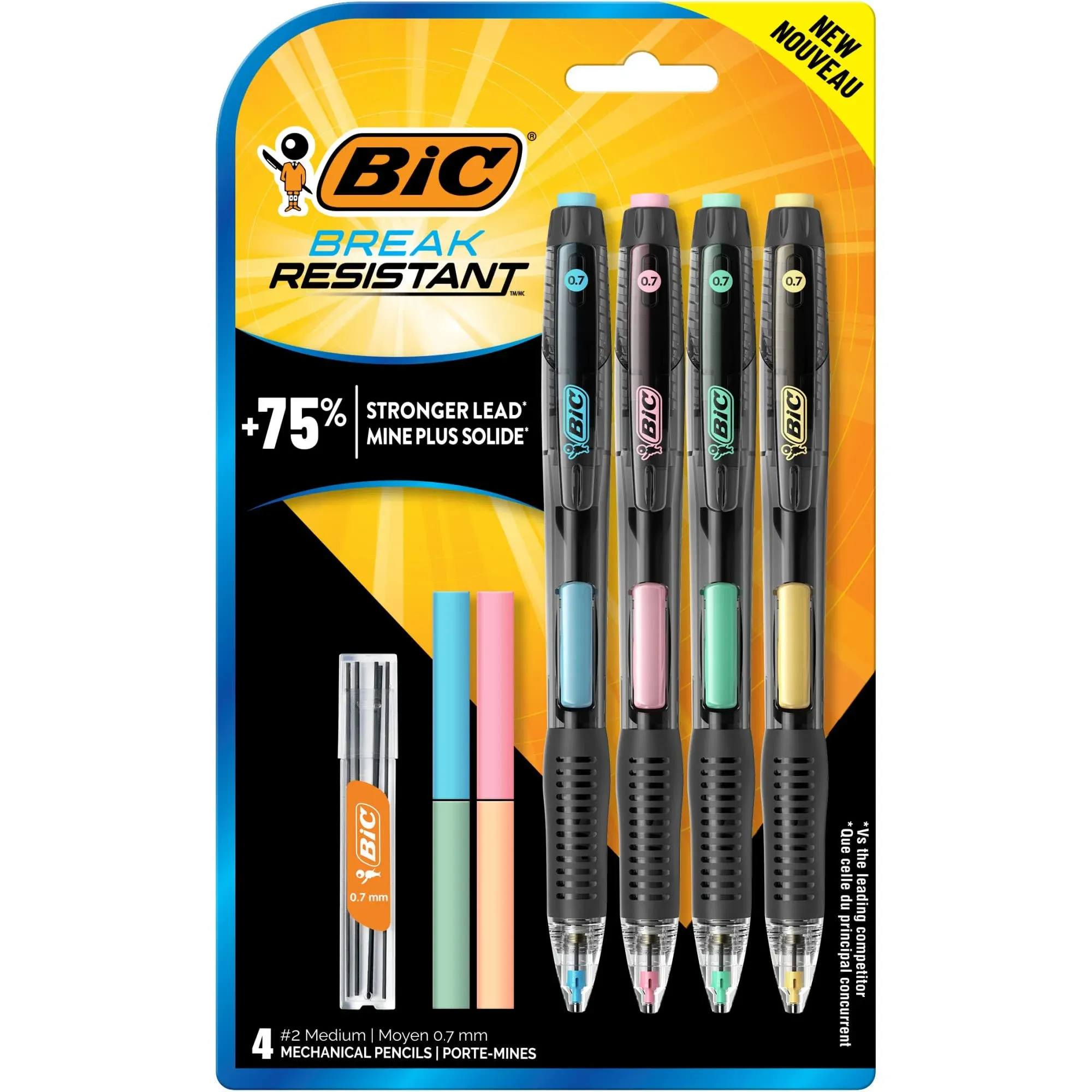 Bic Break-Resistant Mechanical Pencils with Erasers, 0.7 mm, HB (#2), Black Lead, Assorted Barrel Colors, 4/Pack