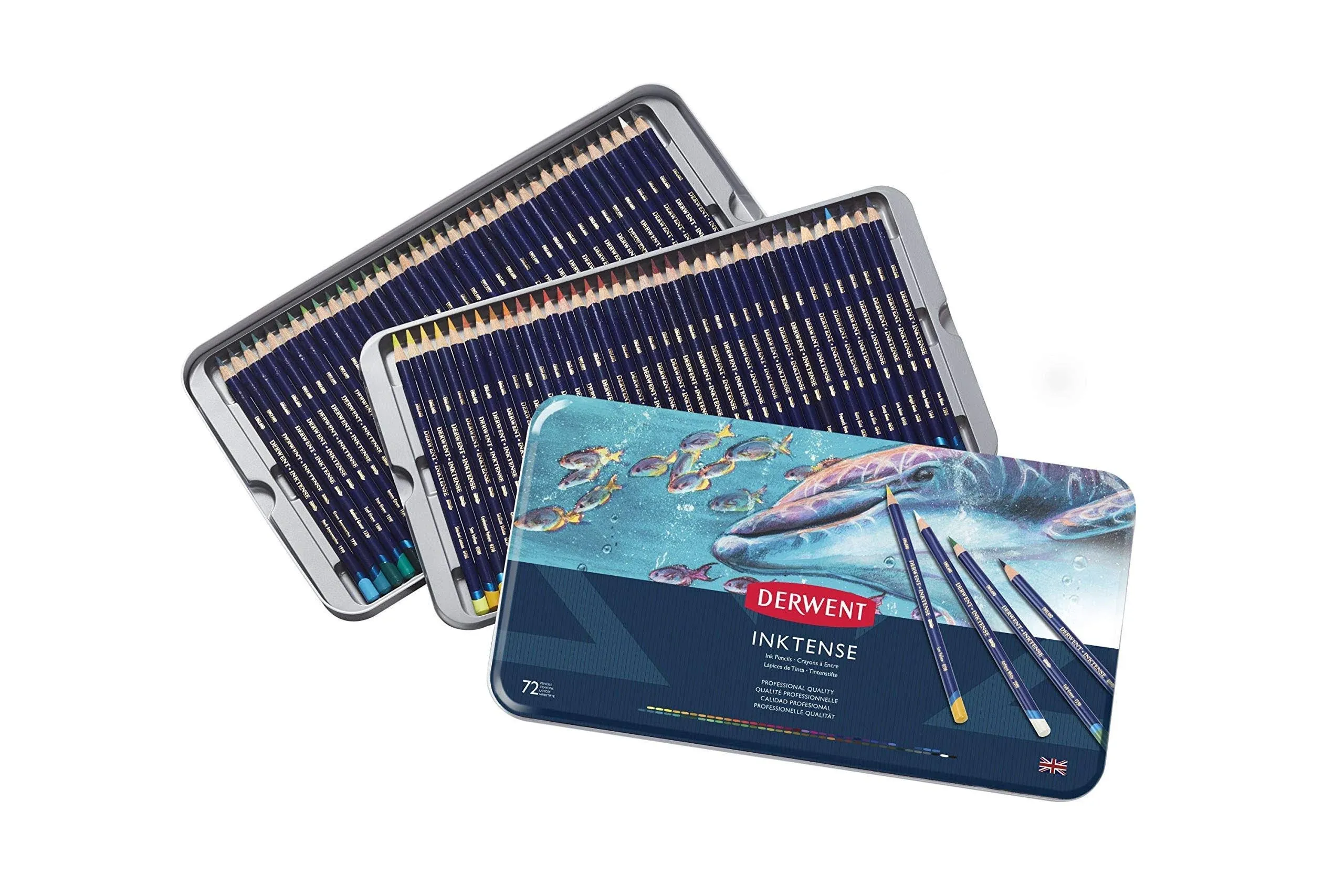 Derwent Inktense Pencils Tin, Set of 12, Great for Holiday Gifts, 4mm Round Core, Firm Texture, Watersoluble, Ideal for Watercolor, Drawing, Coloring and Painting on Paper and Fabric (0700928)