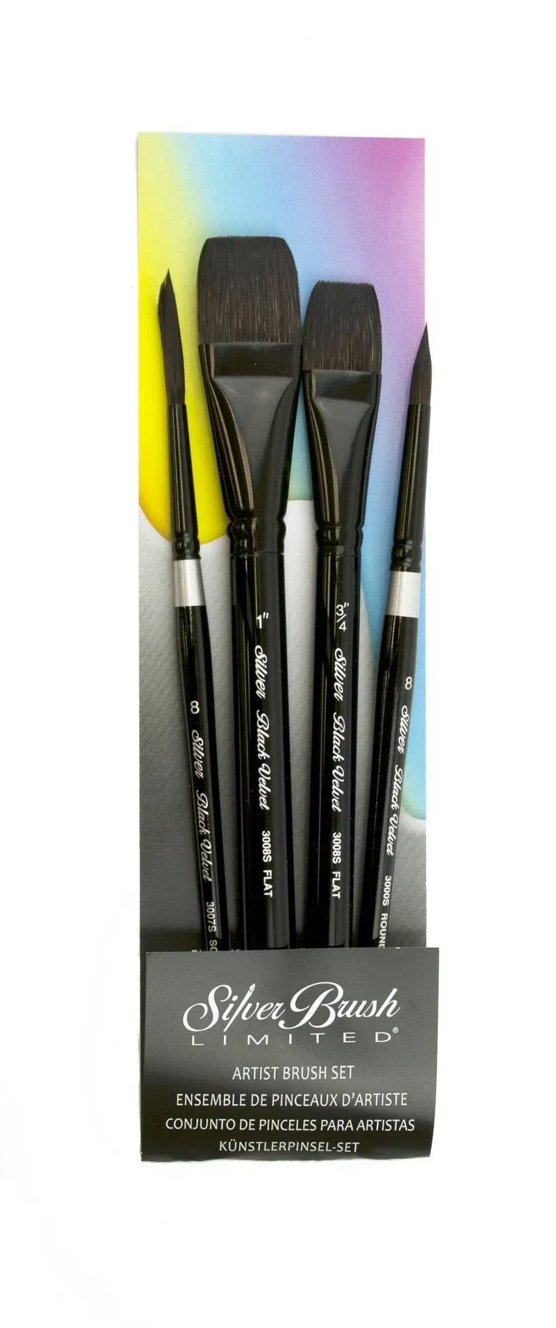 Silver Brush Limited WC-3202S Black Velvet Professional Watercolor Set, Set of 4, Size 8 Round, Size 8 Script Liner, Sizes 3/4 and 1 Inch Flat Wash Paintbrushes, Short Handle