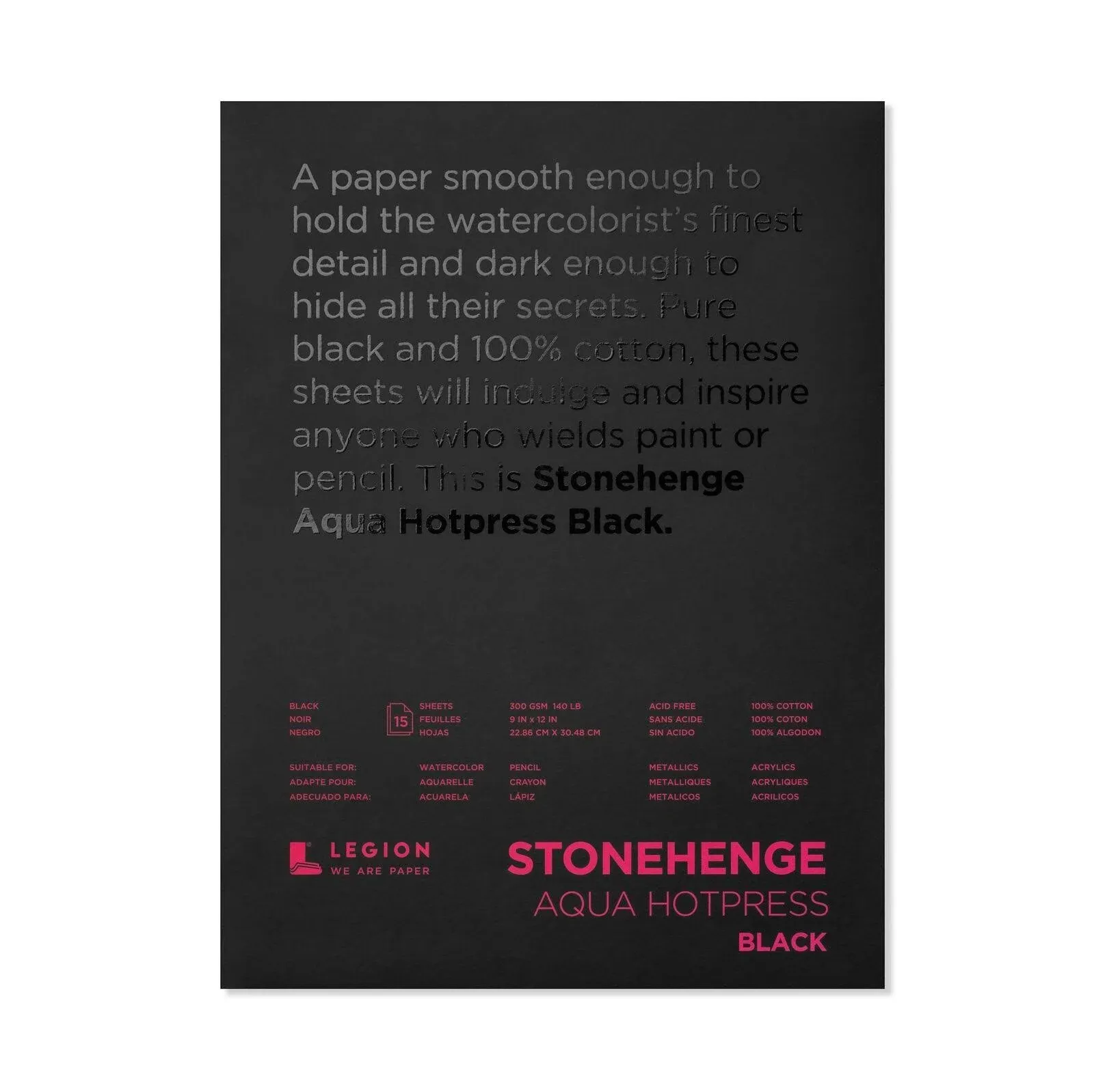 Stonehenge Aqua Black Medium Weight Pad, 140lb, Hotpress, 10 x 14 Inches, 15 Sheets for Wet and Dry Media