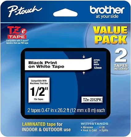 1/2" Brother P-Touch Black On White Label Tape 2 Pack TZe Tapes