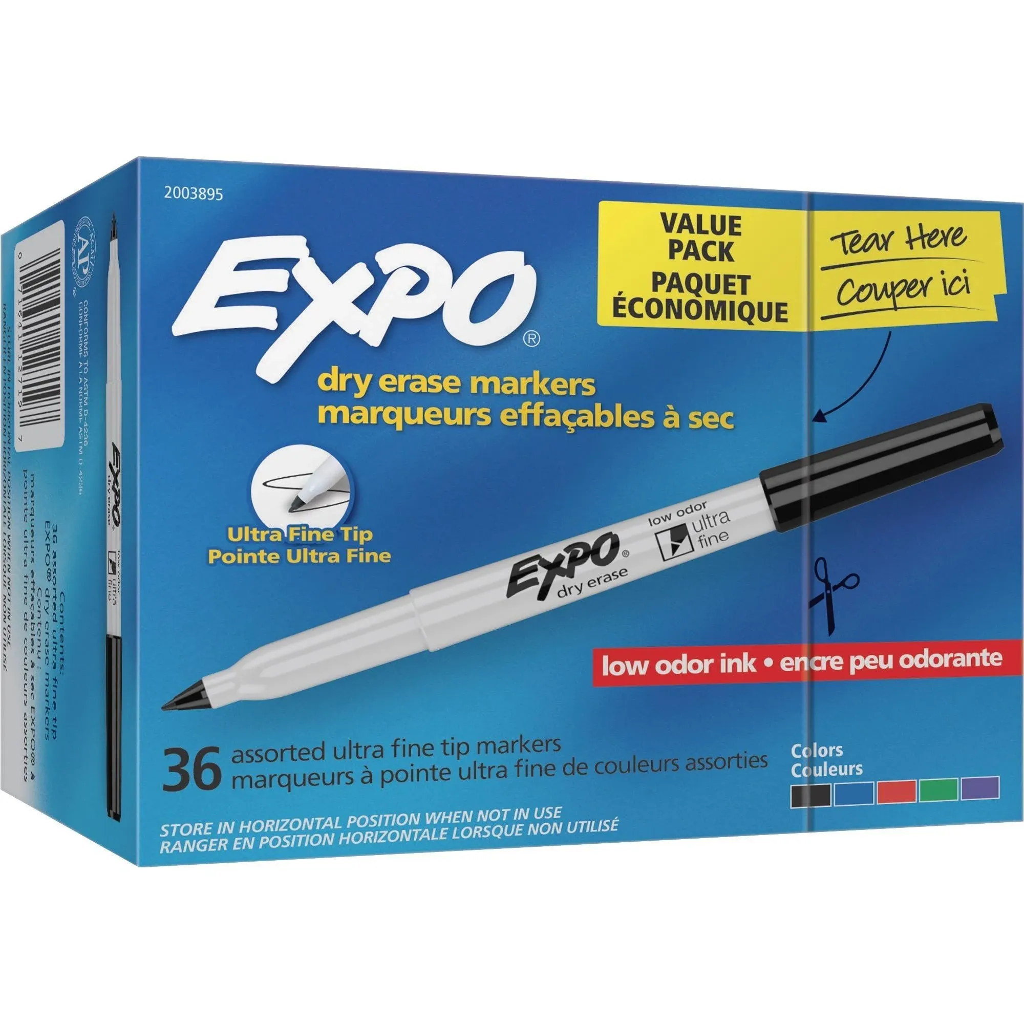 Expo Low-Odor Dry Erase Marker Office Pack, Extra-Fine Needle Tip, Assorted Colors, 36/Pack