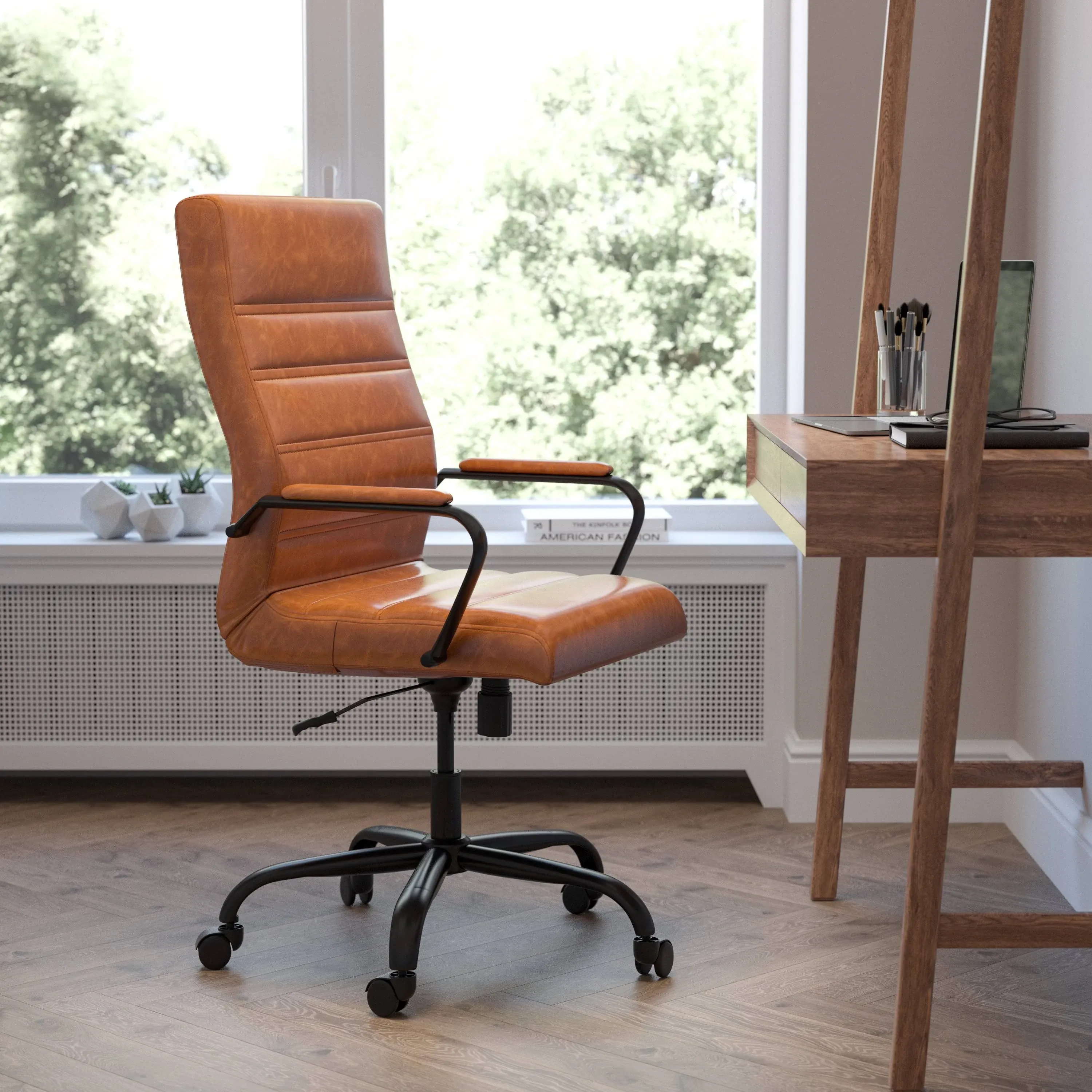 EMMA + OLIVER High Back Brown LeatherSoft Executive Swivel Office Chair with Black Frame/Arms