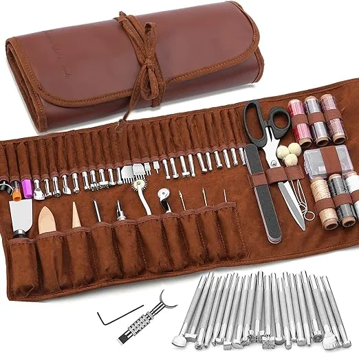 TLKKUE Leather Craft Tools Leather Working Tools Kit with Custom Storage Bag Leather Carving Tools Leather Craft Making for Cutting Punching Sewing