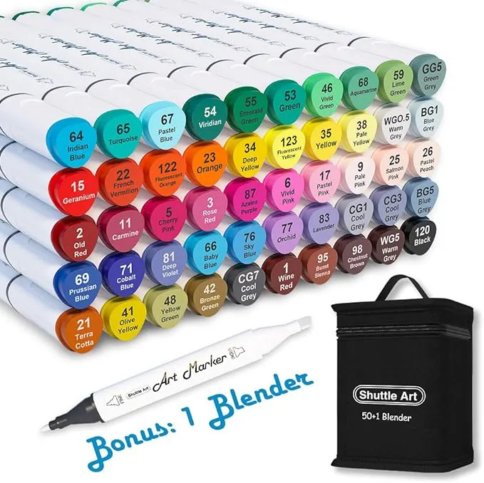 Shuttle Art 51 Colors Dual Tip Alcohol Based Art Markers, 50 Colors plus 1 Blender Permanent Marker Pens Highlighters with Case Perfect for Illustration Adult Coloring Sketching and Card Making…