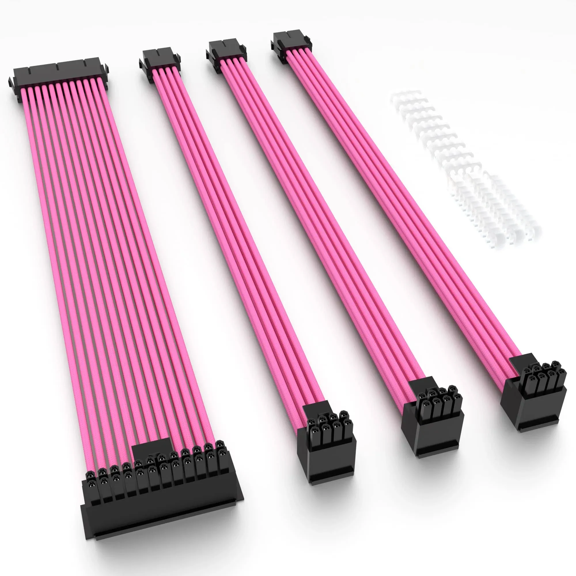 Power Supply PSU Sleeved Extension Cable with 90 Degree Right Angled PSU Connector Adapter with Combs (4er Pack - 90°, 300mm - Pink)