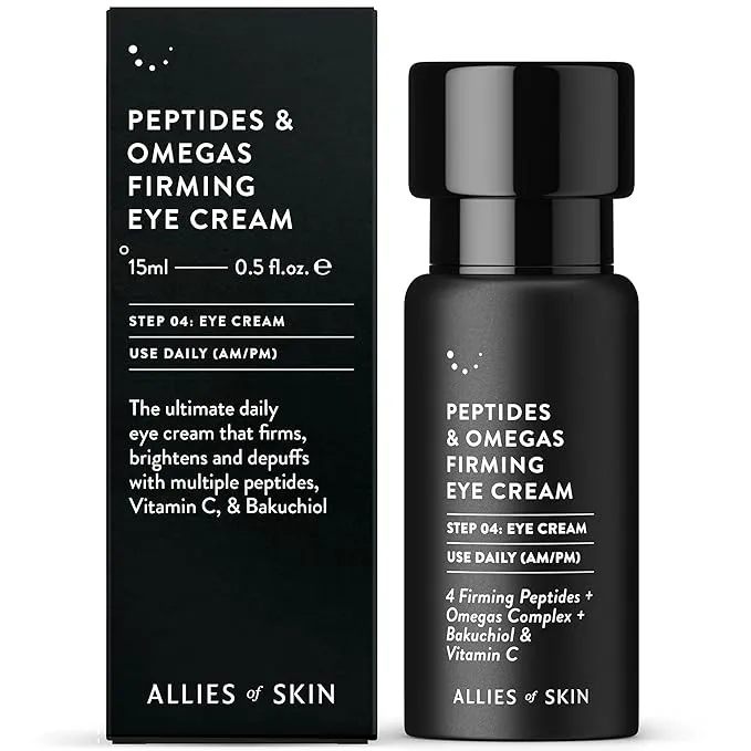 Allies of Skin Peptides & Omegas Firming Eye Cream: Vitamin C, Bakuchiol, Ceramide. For Dark Circles, Wrinkles & Puffiness. Anti-Aging. Firms & Brightens Under Eye Area 0.5 oz / 15 ml