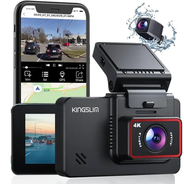 Kingslim Dash Cam Front and Rear 4K - D4 Dual Dash Camera for Cars WiFi GPS, Dashcam with 32GB SD Card, 3" Touchscreen, Night Vision, APP, Parking Mode, G-Sensor, Black