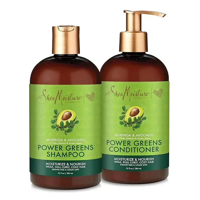 SheaMoisture Power Greens Curly Hair Shampoo and Conditioner Dry Hair Moringa Avocado to moisturize, 13 Fl Oz (Pack of 2)
