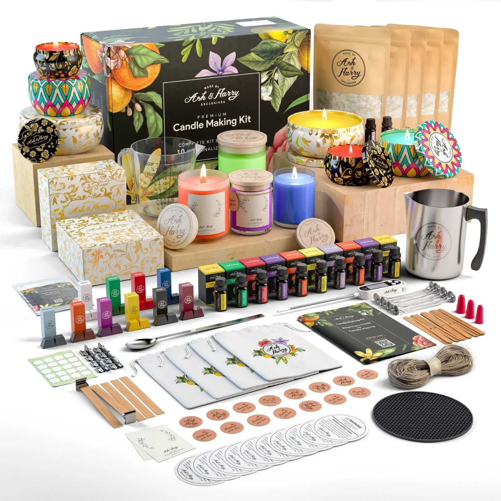 Ash & Harry (US Based Company) Premium Candle Making Kit - Complete DIY Starter Set - Pure Soy Wax, Designer 10 Tin & Glass Jars - 10 CPL Branded Frag