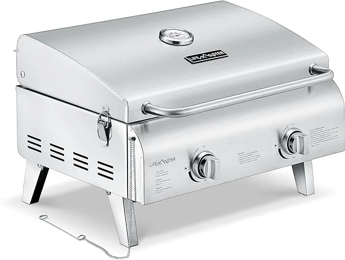 Portable Stainless Steel Gas Grill - 2 Burners Easy Clean Tabletop BBQ Propane Gas Grill with Foldable Legs and Wind Proof Lid for Camping and Outdoor - Silver