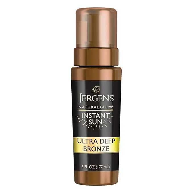 Jergens Natural Glow Instant Sun Body Mousse, Self Tanner for Deep Bronze Tan, Sunless Tanning Body Bronzer, Natural Looking Fake Tan, 6 Ounce