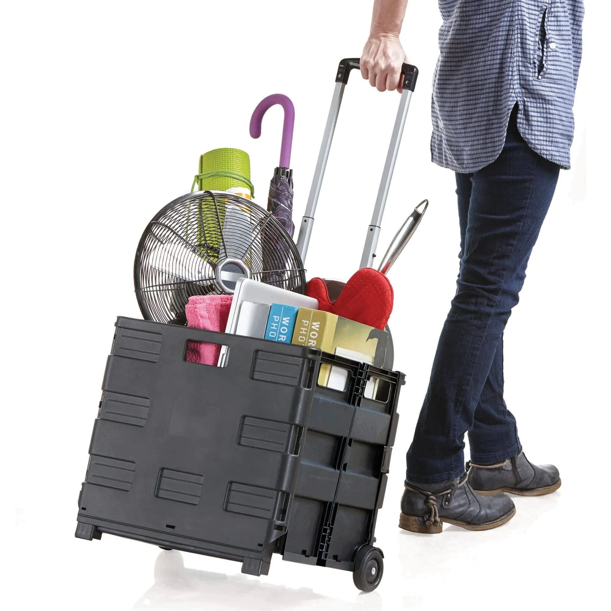Inspired Living Ultra-Slim Rolling Collapsible Storage Pack-N-Roll Utility-carts, with Telescopic Handle, for Home, Garden, Shopping, Office, School use, Medium, Black