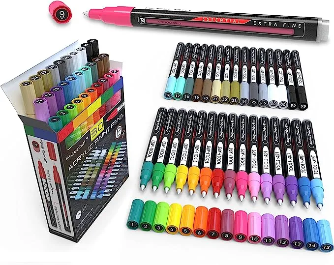 TOOLI-ART Acrylic Paint Pens Assorted Vibrant Markers for Rock Painting, Canvas, Glass, Mugs, Wood, Fabric, Metal, Ceramics. Non Toxic, Quick Dry, Multi-Surface, Lightfast (EXTRA FINE)
