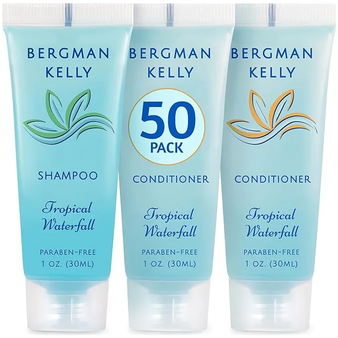 Bergman Kelly - Travel Shampoo and Conditioner Set - 1 fl oz, 100 Pieces, Tropical Waterfall - Delight Your Guests with Invigorating and Refreshing Hotel Toiletries and Guest Hospitality in Bulk
