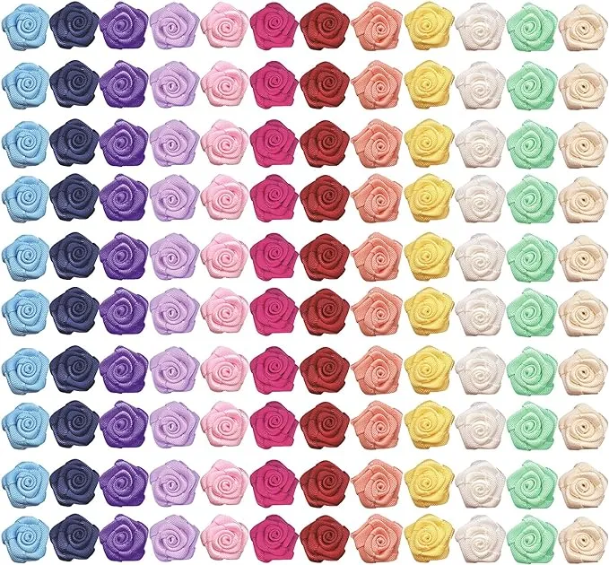 Mini Satin Ribbon Roses Mini Fabric Flowers for Crafts Multicolor Rose Ribbon Bows Small Rosettes Mini Flower Craft DIY Sewing Crafts Appliques for Wedding Bride Gift Wrapping Decoration 120 Pcs