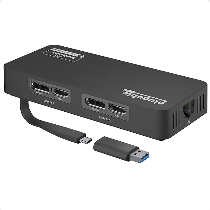 Plugable 4K Dual Monitor Adapter for Mac and Windows, DisplayLink, USB 3.0 or USB-C, DisplayPort and HDMI Adapter for Dual Monitors