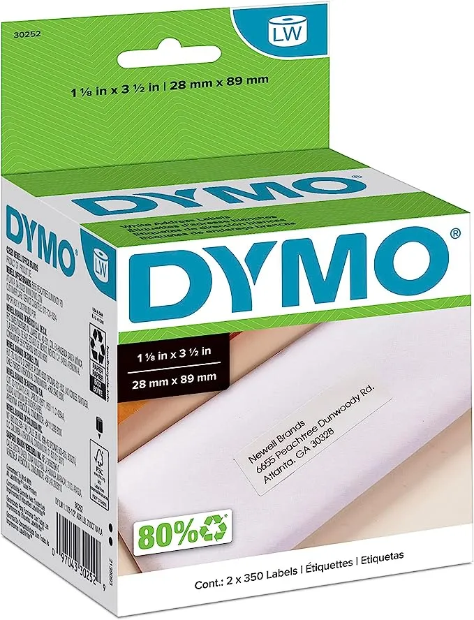 DYMO 30252 LW Mailing Address Labels for LabelWriter Label Printers, White, 1-1/8'' x 3-1/2'', 2 Rolls of 350